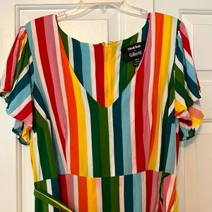 ModCloth x Collectif Rainbow stripe faux wrap dress